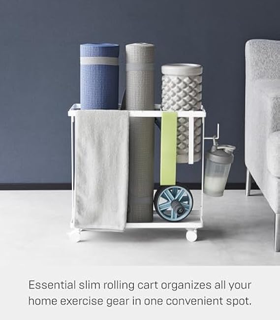 Yamazaki Home Tower Rolling Slim Fitness Rack With Adjustable Holder, Casters, Hooks For Gear Organization - Steel