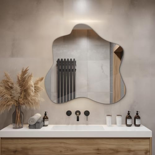 Spiegel 67,6x67 cm Für Badezimmer Wohnzimmer Flur Schlafzimmer Salon Badezimmerspiegel Wellenförmig Asymmetrisch Organisches Design Wandspiegel Rahmenlos Garderobenspiegel Unregelmäßiges Modernes – Bild 5