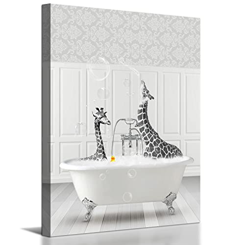 Soothan Canvas Wall Art Print Funny Bathroom Wall Decor Happy Giraffes With Yellow Duck In Bathtub Picture Painting Black White Illustration Artwork For Home Bathroom Decor Framed Ready To Hang 12X16 #TOP11