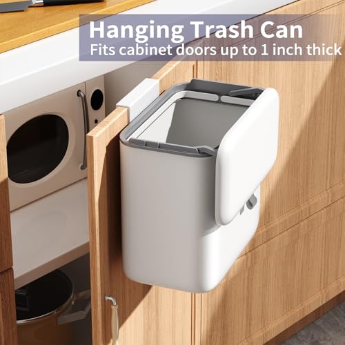 Image of Compost Bin Kitchen for Countertop or Under Sink, 2.6 Gallon Hanging Small Trash Can with Lid, Garbage Can for Cabinet Door, Indoor /outdoor Food Waste Bin for Kitchen, Bathroom, RV, Office, White