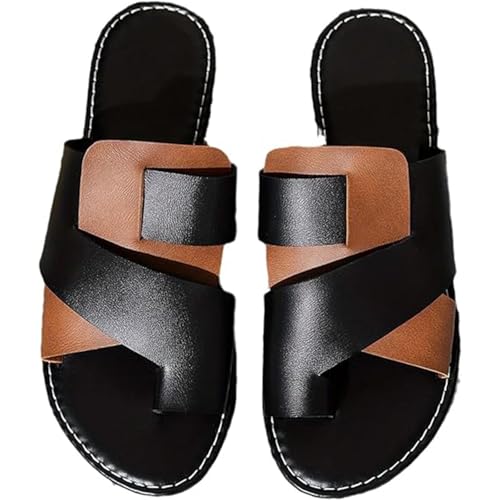 Yytcsjz Orthopedic Comfortable Arch Support Sandals for Women, Bunion Orthopedic flip flops, Women's Color Block Flat Leather Sandals, Open Toe Vacation Slip on Slides