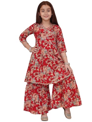 Image of Preneum Girls's Cotton Rayon Gota Pati Floral Printed Angrakha Kurta with Sharara