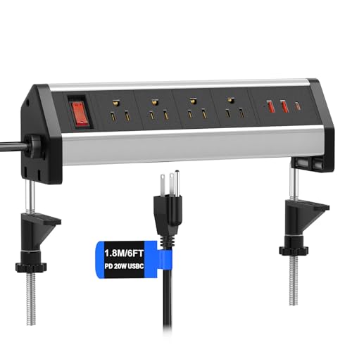 Desk Clamp Power Strip with PD 20W USB-C, Desk Charging Station with 4 Widely Outlets 3 USB Ports, Fit 2.8