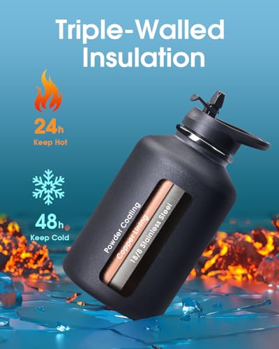 Image of Coolflask 64 oz Water Bottle Insulated with PU Leather Sleeve & 3 Lids