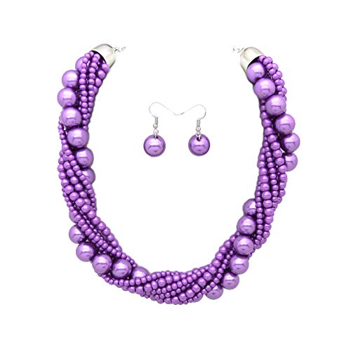 Fashion 21 Women's Twisted Multi-Strand Simulated Pearl, Acrylic Ball Statement Necklace and Earrings Set (Lavender)