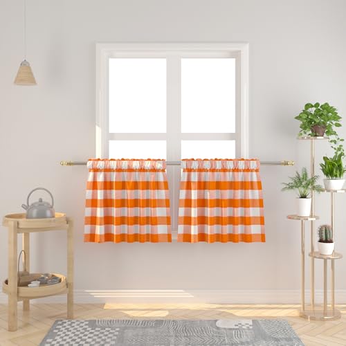 Window Curtain Valances 16 inches Long 2 Panels Buffalo Check Small Mini Short Half Window Curtain Cafe Bathroom Rod Pocket Classic Country Farmhouse Kitchen Tier Curtains - Orange & White