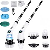 Cleanninja Electric Spin Scrubber for Cleaning, Adjustable Shower Brush with 7 Replaceable Heads & Power LED Display, 2 Speed Waterproof Cordless Shower Scrubber for Bathtub, Kitchen, Car, White