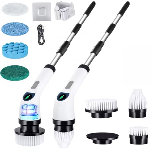 Cleanninja Electric Spin Scrubber for Cleaning, Adjustable Shower Brush with 7 Replaceable Heads & Power LED Display, 2 Speed Waterproof Cordless Shower Scrubber for Bathtub, Kitchen, Car, White