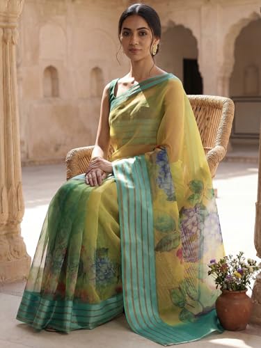 Image of AKHILAM Women's Yellow Organza Floral Printed Saree With Unstitched Blouse Piece (SAGE1004 AI2)