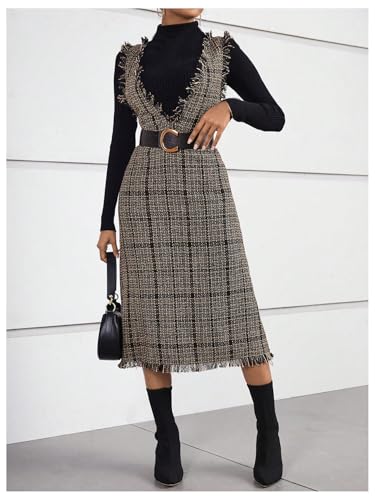 Image of OYOANGLE Women's Plaid Print Sleeveless V Neck Raw Trim Overall Dress Work Causal Pinafore Dresses