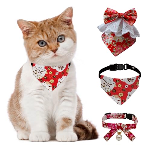 EpicCos ペット 三角バンダナ 猫用 首輪 かわいい 招き猫デザイン ペット用品 エプロン 調整可能バックル 和風 猫アクセサリー (Style A)