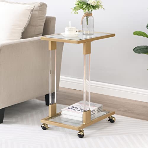 HomVent Modern Acrylic TV Tray Table Rolling Sofa Side Snack Table with Wheels and Tempered Glass Top Portable C-Shape Dinner Tray Tables Mobile Laptop Desk Beside Couch Bed (Gold)