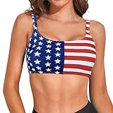 USA Patriotic 4th of July Bikini Top Scoop Neck Sports Bra Supportive Bathing Suits Tops with Padded Crop Swimsuit Flag S