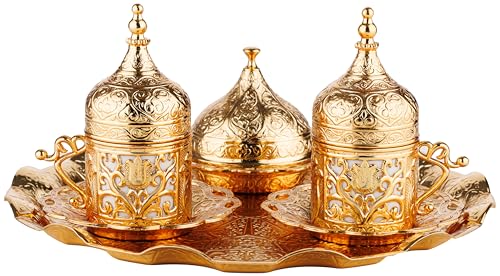 DEMMEX Turkish Greek Arabic Coffee Serving Set – 11 Piece Handmade Coffee Set with Cups, Saucers, Lids, Sugar Bowl & Decorative Tray (Gold)