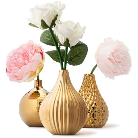 Zensational Ceramic Gold Vase Set of 3 - Diamond, Spot, Stripe - Small Decorative Vases for Flowers - Textured Round Mini Vases - Gold Centerpiece Vases - Bud Vases for Weddings Cover