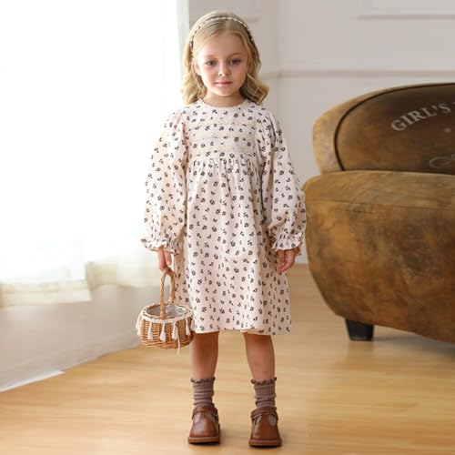 AWIBMK Girls Floral Long Sleeve Dress Loose Fit Ruffle A-line Midi Spring Fall Casual Party Dress2
