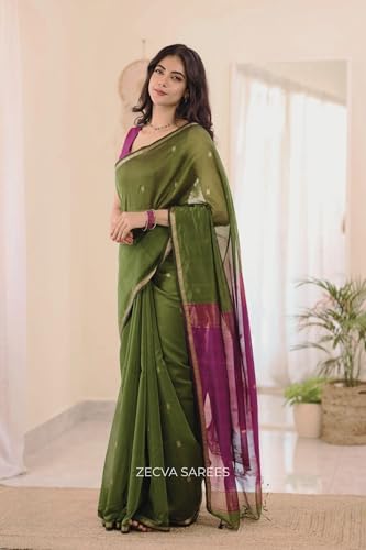 Image of ZECVA Women's Pure Soft Spun Cotton Lichi Silk Saree For Women With Attach Unstitch Blouse Piece