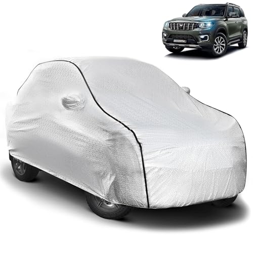 Image of Pivalo Car Cover for Scorpio N All Model & Years (2022-2025) 100% Waterproof with Mirror Pockets, Triple Stitched Bottom Elastic Dustproof Full Body Protection (Heat & UV Resistant, Silver)