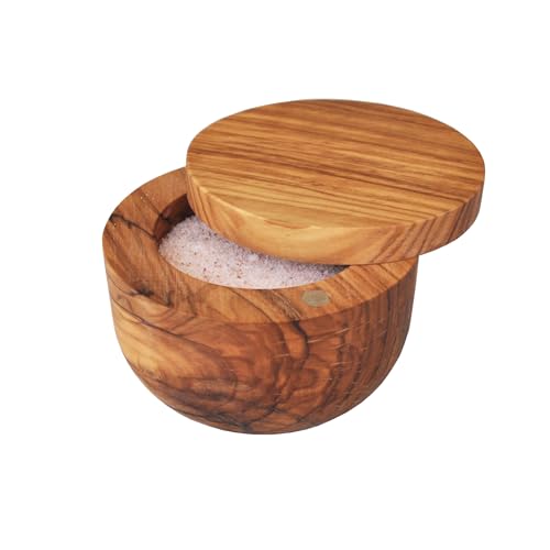 Naturally Med Olive Wood Salt Keeper/Pot/Salt Box with Magnetic Pivoting Lid