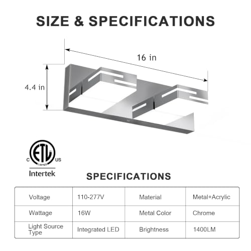 Image of LED Modern Bathroom Vanity Light Fixtures, Dimmable Chrome Vanity Lights for Bathroom Lighting Fixtures Over Mirror, with 360 Rotatable Heads 2-Light 16-inch (Cool White 6000K)