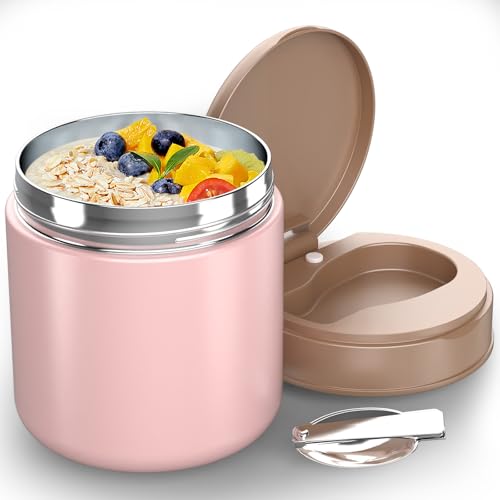 CJACJA Insulated Food Jar for Kids - 15.2 Oz, Thermo for Hot Food, Soup Thermo, Insulated Food Container, Termos Para Comida Caliente, Width Mouth Stainless Steel Lunch Box with Spoon, Pink