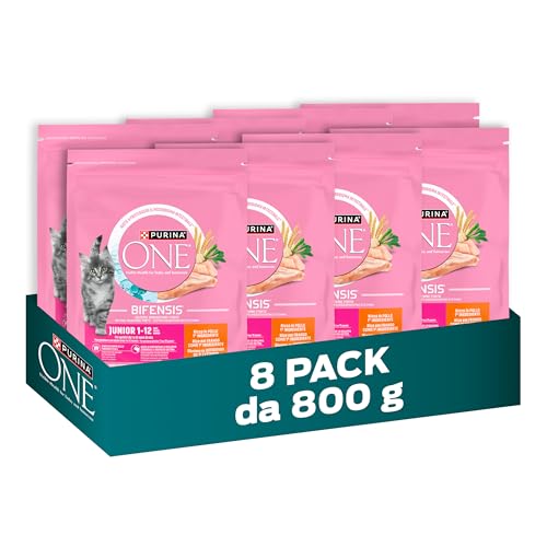 PURINA ONE Bifensis Junior, Crocchette per Gattini, 8 Sacchi da 800g | Crocchette per Kitten con Pollo e Cereali Integrali