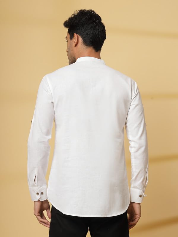 Image of Vastraa Fusion Men's Handloom Weaving Pure Cotton Short Kurta, Round Collar, Full Sleeves,Button Kurta, Ethnic Wear