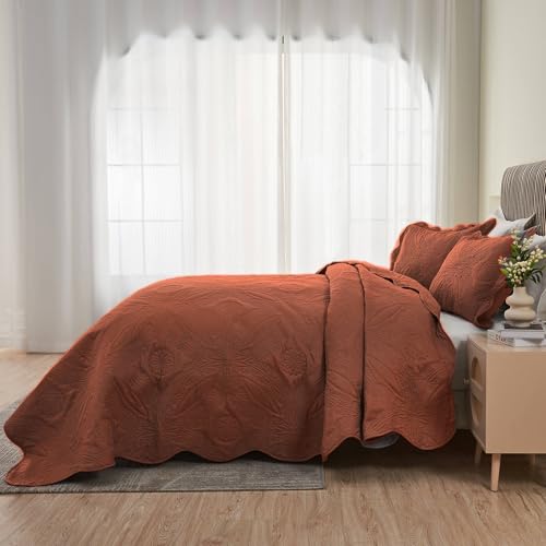 Image of Kingnex Oversized King Bedspreads 128x120 for Tall King or Cal King Bed Ultrasonic Quilted Coverlet Set 3 Piece Include 1 Extra Wide Quilt 2 Pillowcases Baked Clay