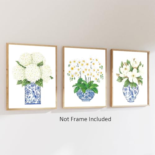 Chinoiserie Wall Art Prints Blue and White Chinese Vase Canvas Prints White Orchid & Pink Peony Watercolor Chinoiserie Canvas Wall Art Oriental Porcelain Art Painting for Home Bedroom Decor Unframed