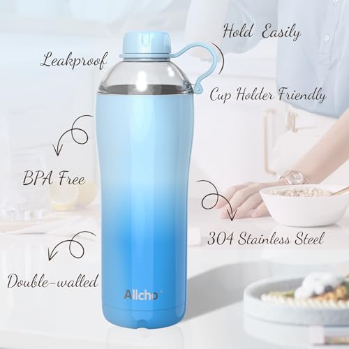 Image of 24 ounce insulated stainless steel water bottle, Comes with tumbler cup lid and chug lid featuring a handle ring, Leak Proof, BPA-Fre, Double Wall Vacuum Insulated for Sports,ocean blue