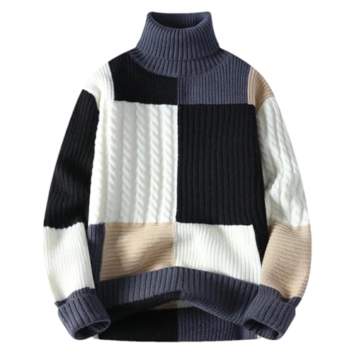Men’S Casual Patchwork Turtleneck Sweater Loose Fit Long Sleeve Youthful Style Knit Pullover Jumper Top
