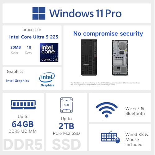 Image of Lenovo ThinkStation P2 Tower Desktop AI PC, Intel Core Ultra 5 225, 32GB DDR5, 1TB SSD, Wi-Fi 7, Support 3-Display 4K, HDMI, DP, Optical Disc Drive, Windows 11 Pro, Business Workstation, w /Bundle