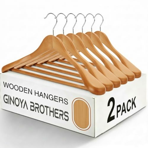 Image of Ginoya Brothers Wide Shoulder Wooden Hangers, Suit Hangers with Non Slip Pants Bar, Smooth Finish 360 Swivel Hook Solid Wood Coat Hangers for Dress, Jacket, Heavy Clothes Hanger. (2)
