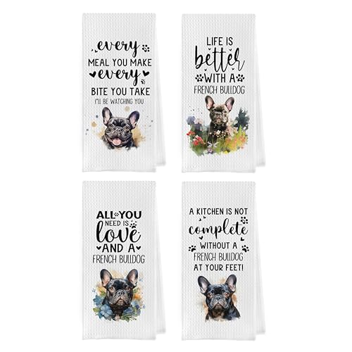 Geqtt Set di 4 strofinacci con bulldog francese, divertenti asciugamani da cucina decorativi a nido d'ape, motivo: bulldog francese, idea regalo (40,6 x 61 cm)