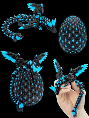 JoryHeim 3D Drachenei mit Drache & Nachtleuchten Effekt - 3D Drache mit Flügeln, UV-aktiviertes Leuchten im Dunkeln, 10cm Sammlertücke, Geburtstage und Ostern (Schwarz Blau)