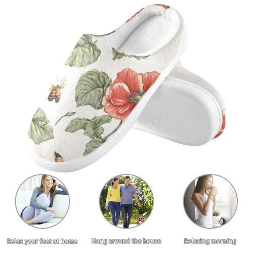 JUNZAN Rustic Begonia White Women Home Cotton Slippers Non Slip Memory Foam Bedroom Slippers for Indoor Birthday Presents 6-73