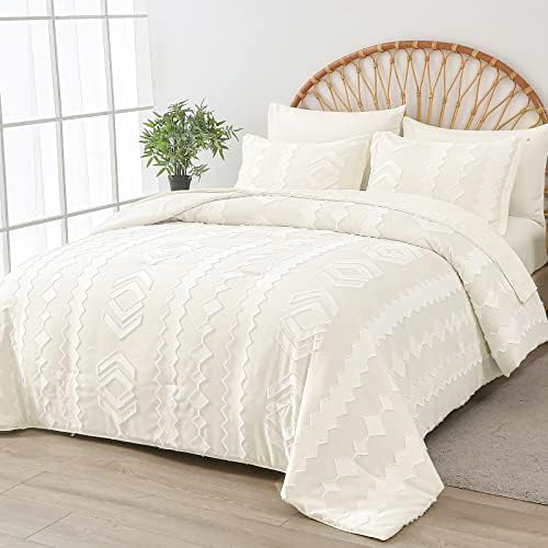 WURUIBO King Size Comforter Set,7 Piece Bed in a Bag White Tufted Comforter and Sheet Set,Soft Microfiber Boho Bedding Comforter Set for All Season(White,King)