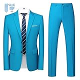 MOGU Mens Slim Fit Suit 2 Piece Tuxedo for Daily Business Wedding Party (Suit Jacket + Pants) US Size Blazer 36/Pants 32 Turquoise