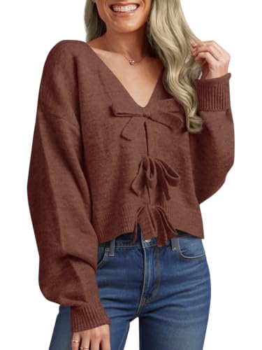 Image of Saodimallsu Womens Bow Sweater Cropped V Neck Long Sleeve Pullover Tops | Soft Cozy Knit, Two-Way Wear Design, Front & Back Bow, Cute Fall Tops 2026, Winter Fashion, Dressy Casual Holiday Outfits