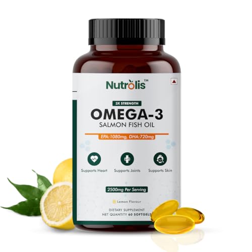 Image of Omega-3 Salmon Fish Oil Capsules 2500mg - Lemon Flavour Triple Strength Supplement for Heart, Brain, Joint Health, Cholesterol Management & Immune Support | 1080mg EPA and 720mg DHA | - 60 Softgels