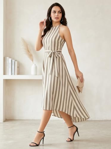 Image of Women Fit & Flare High Low Midi Dress | Sleeveless Round Neck One Piece Dress with Waist Tie Detail | Flowy Western Dress for Party and Casual Styling