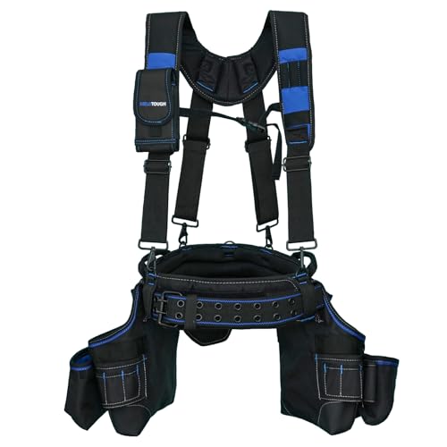 Image of MELOTOUGH Pro Framer's Combo System Apron Tool Pouch Tool Belt with Suspenders Builder Heavy Duty Carpenter Suspension Rig Tool Belt and Multi Function (Blue)