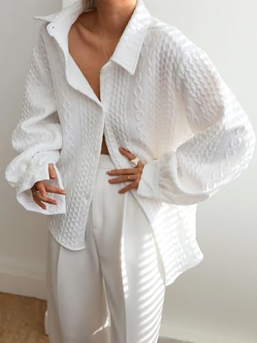 Fisoew Womens Oversized Button Down Shirts Textured Collared Long Sleeve Shacket Casual Fall Blouses Tops3