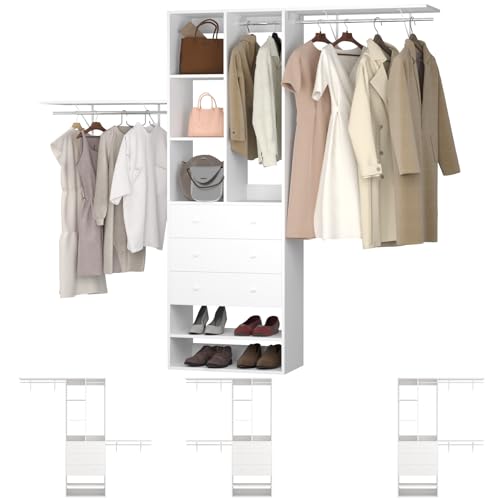 80inch Wall-Mounted Closet Organizer System with 3 Hanging Rods and 3 Drawers – Walk-in Wardrobe with Reversible Shelving for Bedroom Storage
