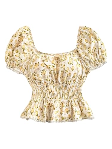 SweatyRocks Girl's Floral Print Puff Sleeve Smocked Peplum Tops Boho Summer Blouses