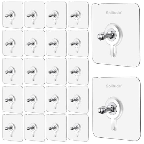 Image of Solitude 20 Pieces Self Adhesive Screw Hangers | Nail Free Wall Hooks for Hanging Picture Frames, Wall Clocks, and Mirrors | Heavy Duty No Drilling Sticky Hooks for Home and Office