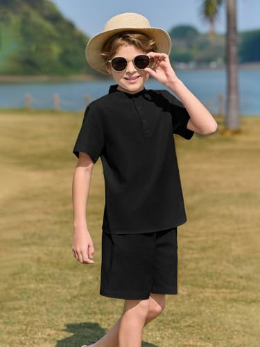 Image of Haloumoning Boys 2 Piece Cotton Set Kids Casual Henley Shirts Short Sleeve Beach Shorts Summer Outfits 5-14 Years