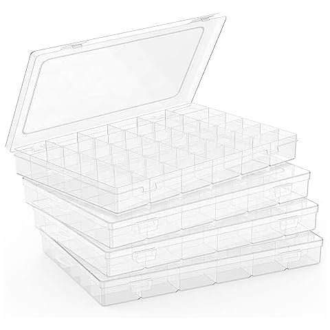 4 Pack Plastic Organizer Container Box, 36 Grids Clear Plastic Parts Organizer Box, for Beads, Art DIY, Crafts, Jewelry, Fishing Tackle with Label Stickers Cover