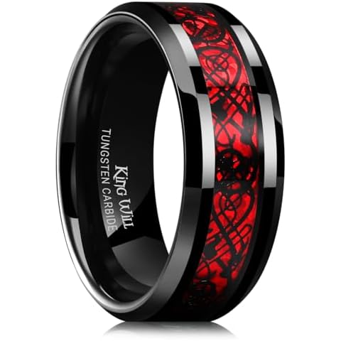 King Will Men's 8mm Red Carbon Fiber Black Celtic Dragon Tungsten Carbide Ring Comfort Fit Wedding Band (10) Cover