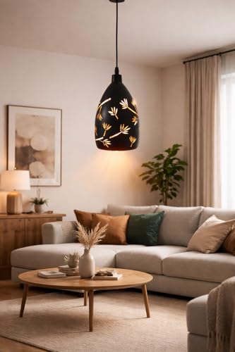 Image of Modern Black Hanging Pendant Light with Geometric Cut Design, Warm Glow Decorative Ceiling Lamp for Living Room, Bedroom, Dining Area, Cafe & Home Decor